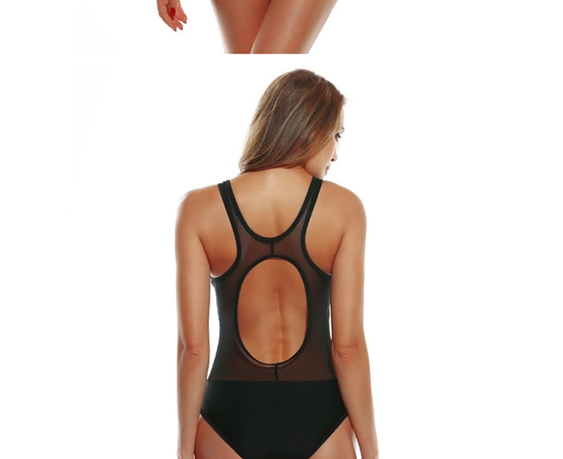 Fashion Black Mesh Stitching Hollow One-piece Swimsuit,One Pieces