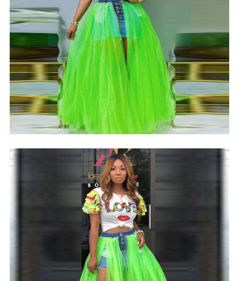 Fashion Fluorescent Green Splicing Mesh Large Swing Back Denim Half-length Pettiskirt,Skirts