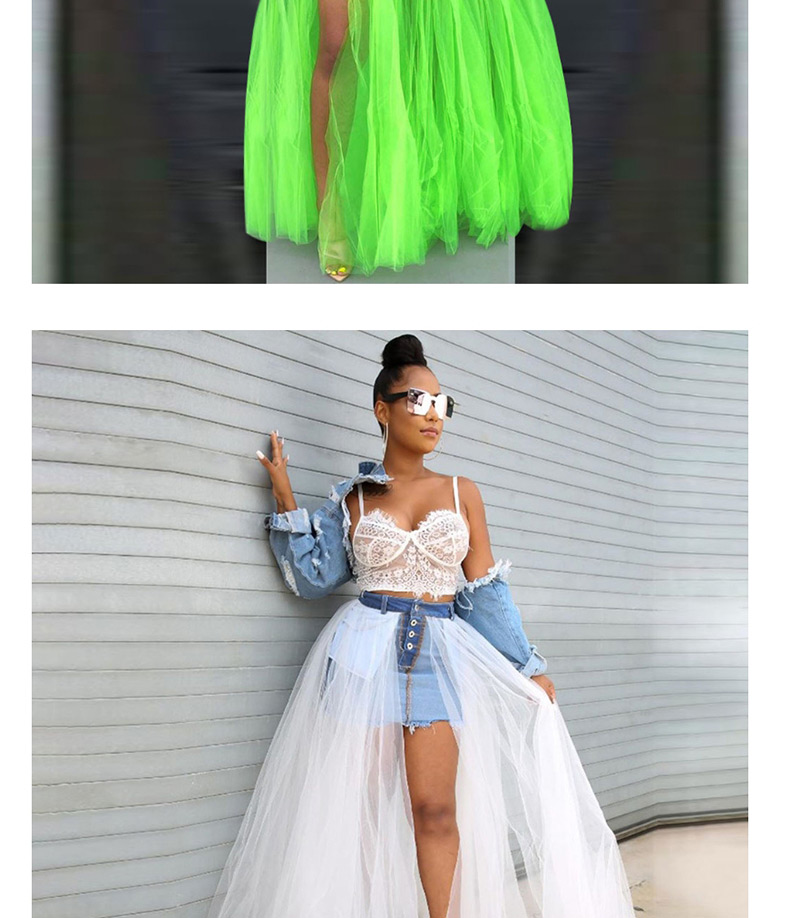 Fashion Fluorescent Green Splicing Mesh Large Swing Back Denim Half-length Pettiskirt,Skirts