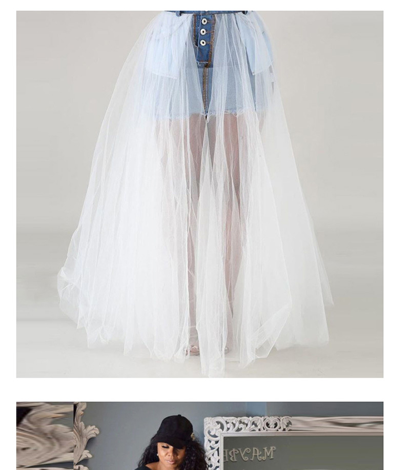Fashion White Splicing Mesh Large Swing Back Denim Half-length Pettiskirt,Skirts