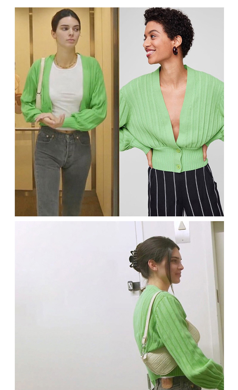 Fashion Green Single-breasted V-neck Lantern Sleeve Sweater,Sweater