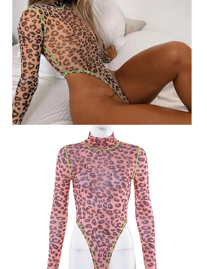 Fashion Leopard Round Neck Contrast Stitching Jumpsuit,One Pieces
