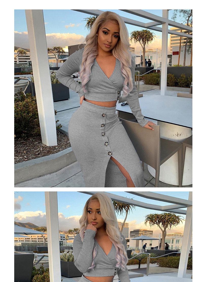 Fashion Gray V-neck Top High Waist Single-breasted Skirt Suit,Tank Tops & Camis