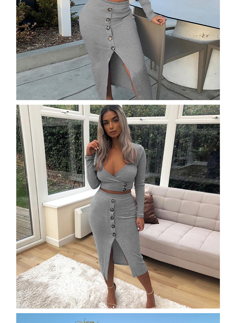 Fashion Gray V-neck Top High Waist Single-breasted Skirt Suit,Tank Tops & Camis