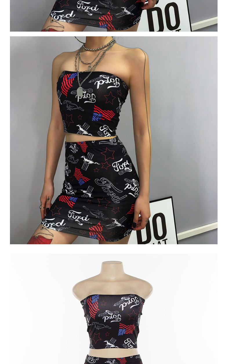 Fashion Black One-shouldered Chest Top Graffiti High Waist Skirt Suit,Tank Tops & Camis
