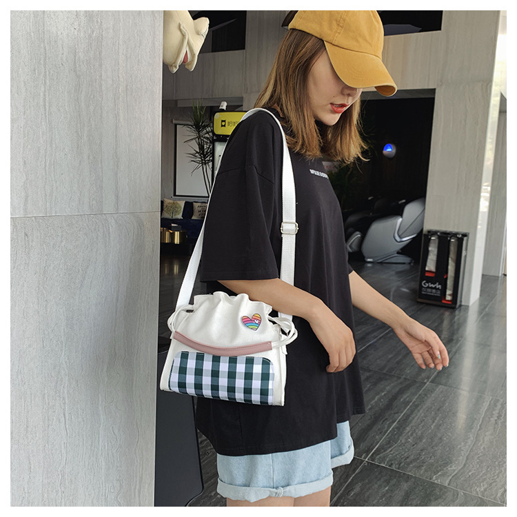 Fashion Black Canvas Plaid Drawstring Shoulder Diagonal Shoulder Bag,Handbags