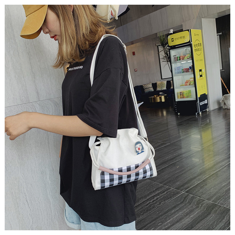 Fashion Black Canvas Plaid Drawstring Shoulder Diagonal Shoulder Bag,Handbags