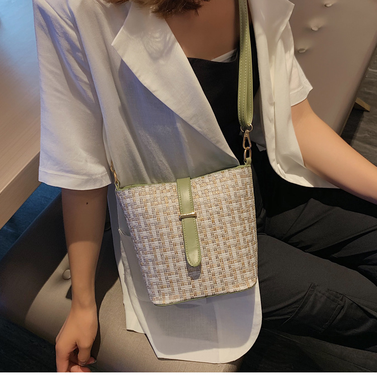 Fashion Green Straw Stitching Belt Buckle Shoulder Messenger Bag,Messenger bags