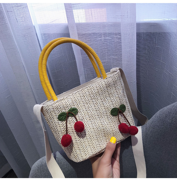 Fashion White Cherry Cartoon Fruit Straw Handbag Shoulder Messenger Bag,Handbags