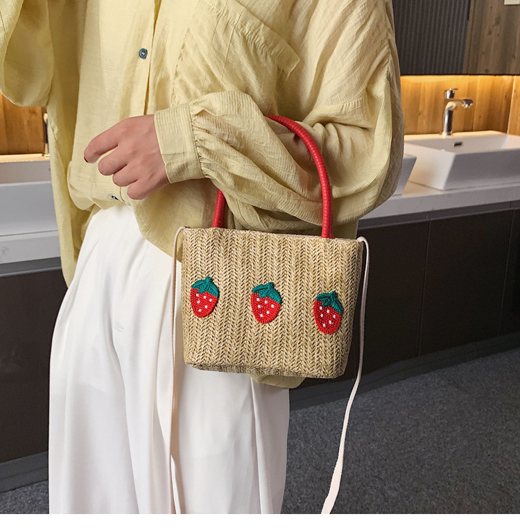 Fashion Khaki Cherry Cartoon Fruit Straw Handbag Shoulder Messenger Bag,Handbags