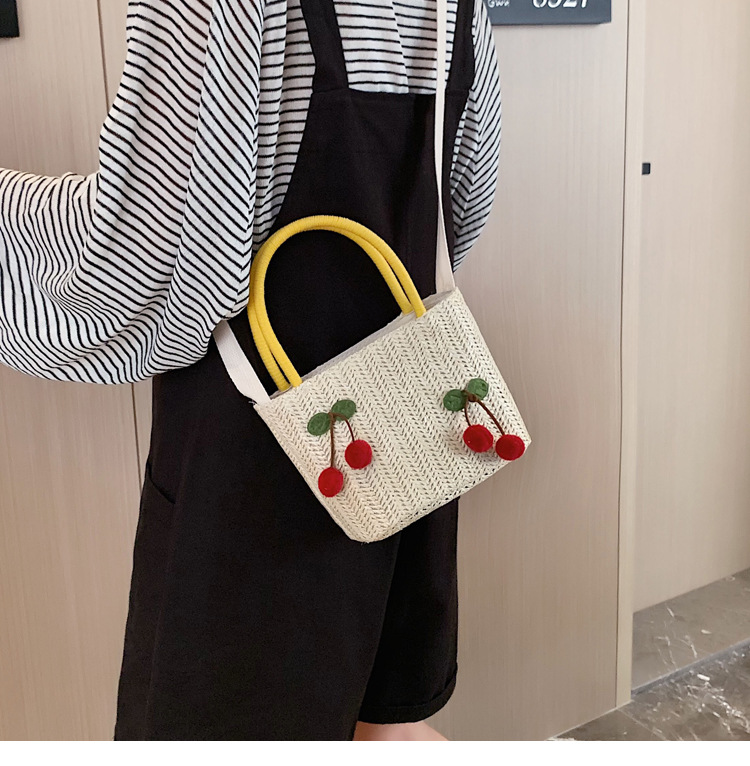 Fashion Khaki Cherry Cartoon Fruit Straw Handbag Shoulder Messenger Bag,Handbags