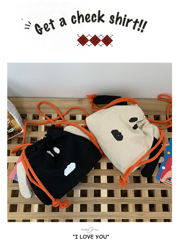 Fashion Black Cartoon Animal Drawstring Canvas Shoulder Messenger Bag,Shoulder bags