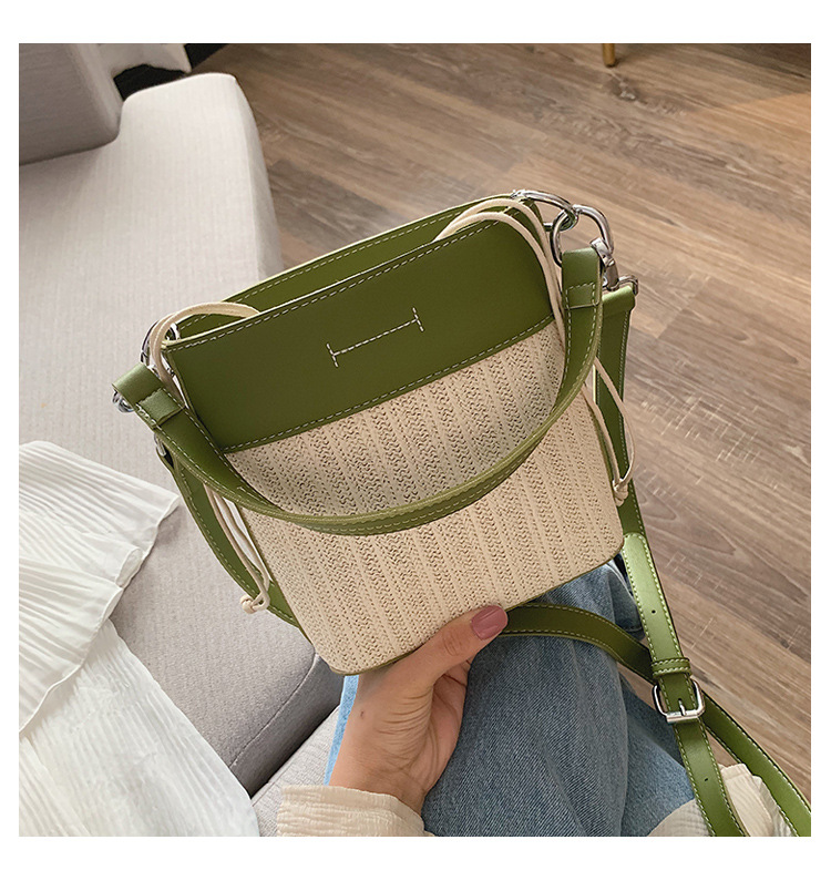 Fashion Green Woven Drawstring Stitching Shoulder Crossbody Bag,Shoulder bags