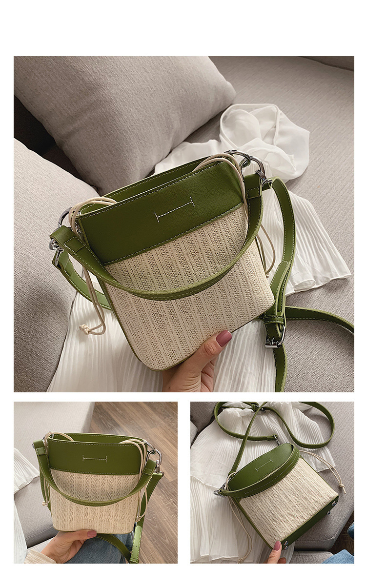 Fashion Green Woven Drawstring Stitching Shoulder Crossbody Bag,Shoulder bags