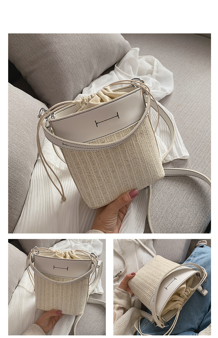 Fashion White Woven Drawstring Stitching Shoulder Crossbody Bag,Shoulder bags
