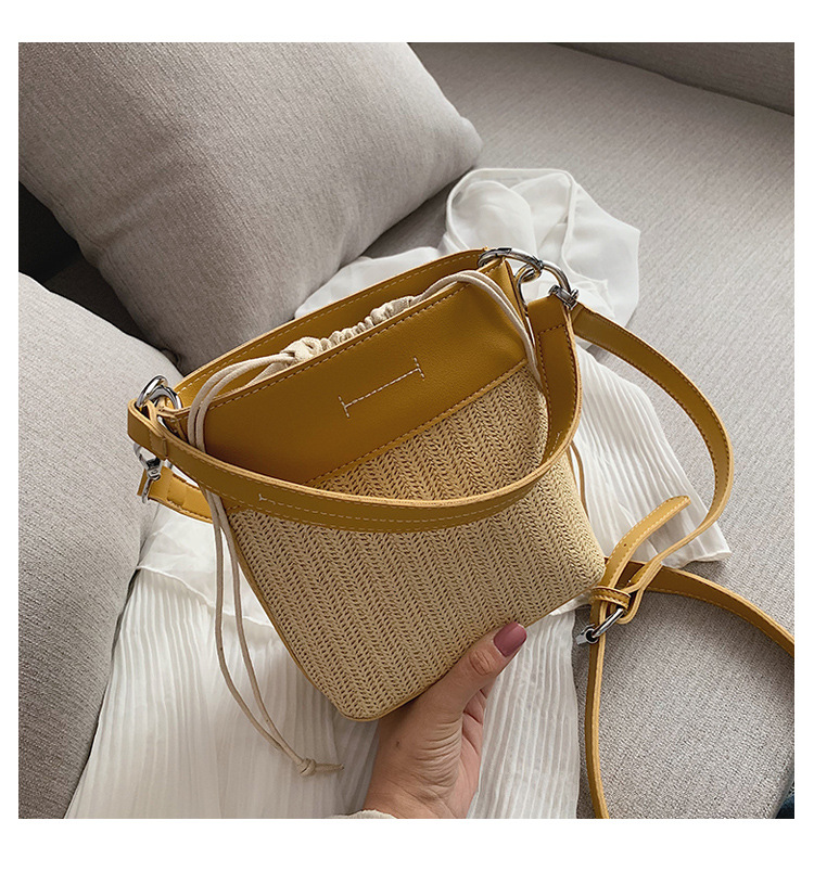 Fashion Yellow Woven Drawstring Stitching Shoulder Crossbody Bag,Shoulder bags