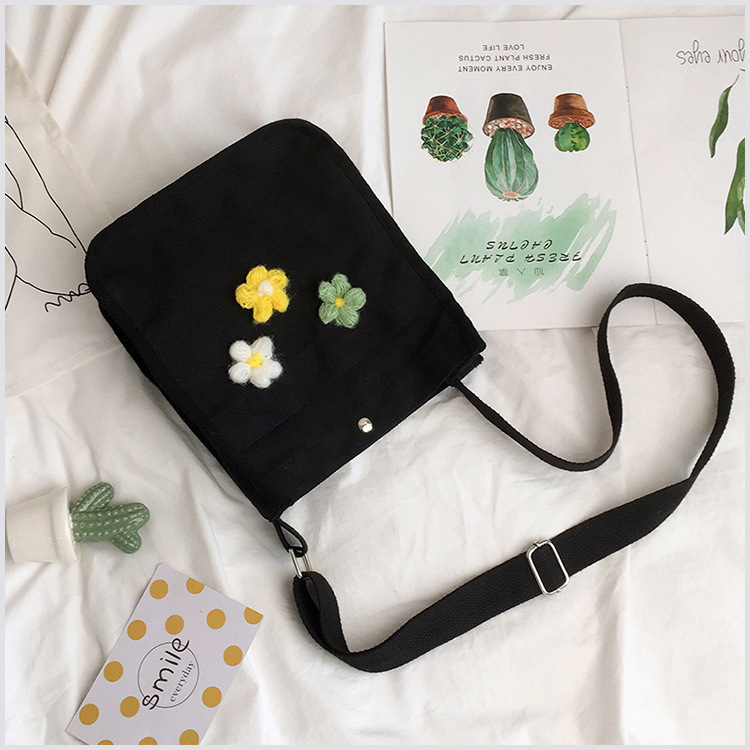 Fashion Black Double-sided Small Flower Shoulder Slung Canvas Bag,Shoulder bags