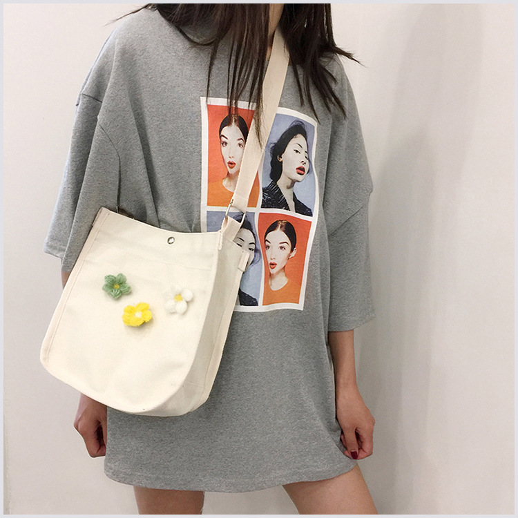 Fashion White Double-sided Small Flower Shoulder Slung Canvas Bag,Shoulder bags