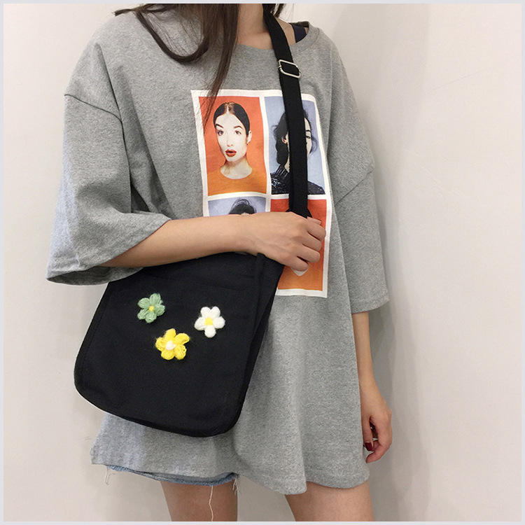 Fashion Black Double-sided Small Flower Shoulder Slung Canvas Bag,Shoulder bags