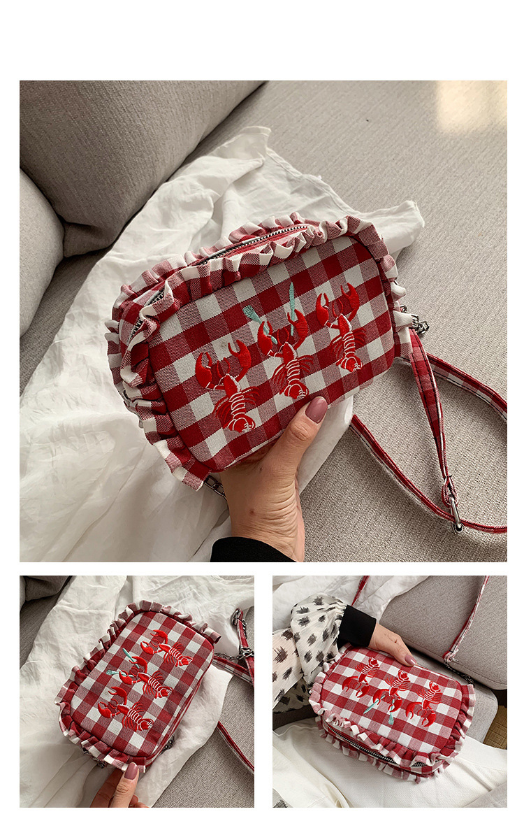 Fashion Red Plaided Wooden Ear Embroidered Lobster Shoulder Messenger Bag,Shoulder bags