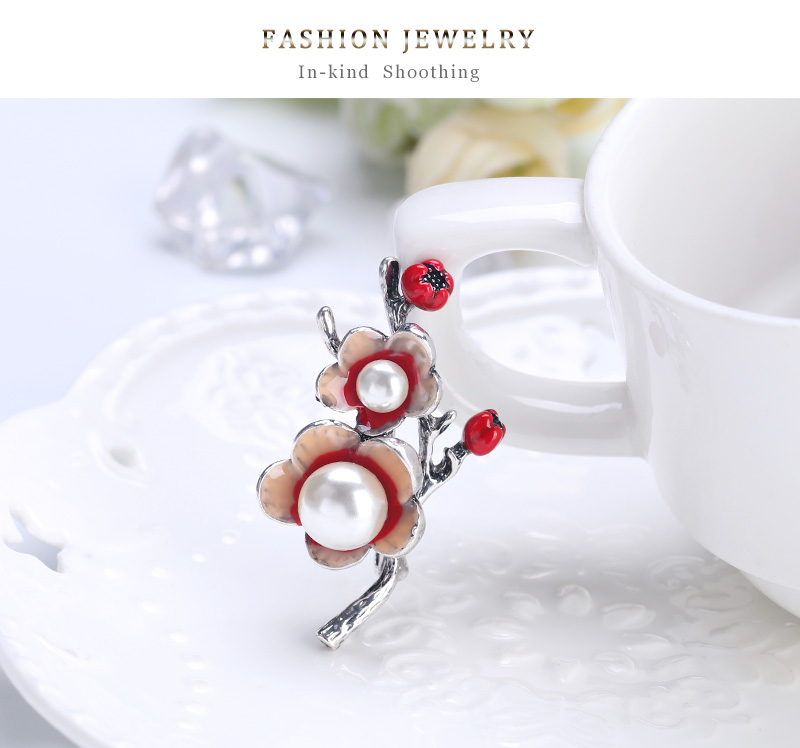 Fashion Red Alloy Drop Oil Plum Blossom Pearl Brooch,Korean Brooches