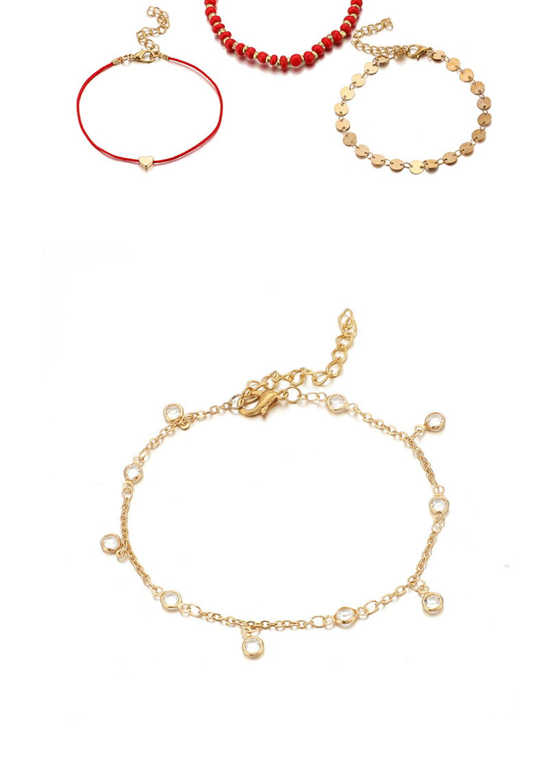Fashion Gold Wire Rope Bead Alloy Heart-shaped Diamond Round Piece Anklet 5 Sets,Beaded Bracelet