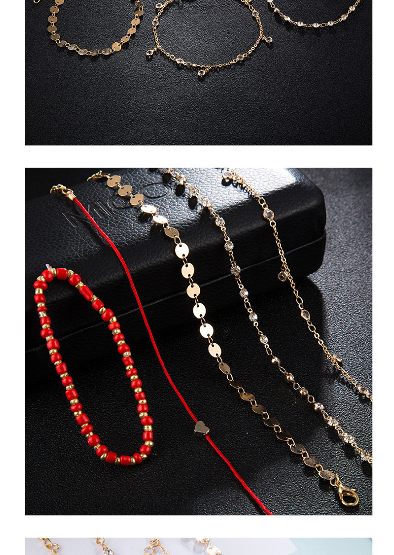 Fashion Gold Wire Rope Bead Alloy Heart-shaped Diamond Round Piece Anklet 5 Sets,Beaded Bracelet