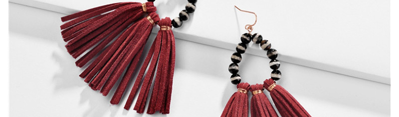 Fashion Red Natural Gravel Beads Korean Velvet Fringe Drop Earrings,Drop Earrings