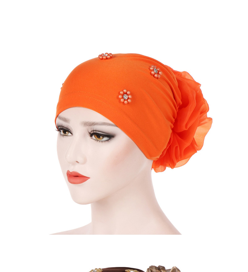 Fashion Orange Oversized With Flower Head Beaded Bonnet Cap,Beanies&Others