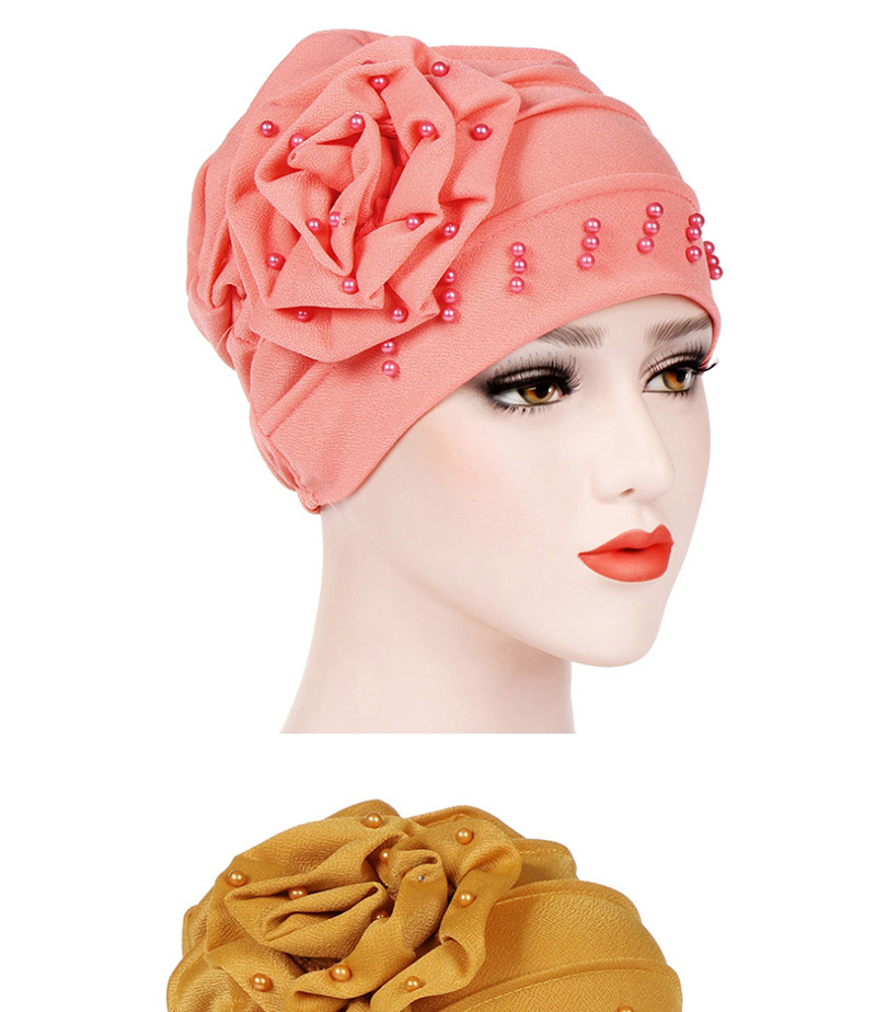 Fashion Beige Side Flower Flower Beaded Large Flower Headscarf Cap,Beanies&Others