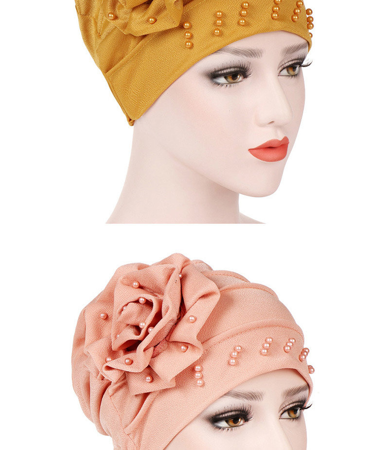 Fashion Yellow Side Flower Flower Beaded Large Flower Headscarf Cap,Beanies&Others