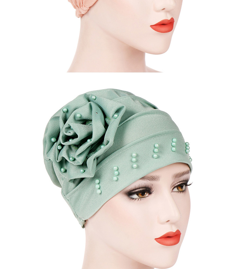 Fashion Khaki Side Flower Flower Beaded Large Flower Headscarf Cap,Beanies&Others