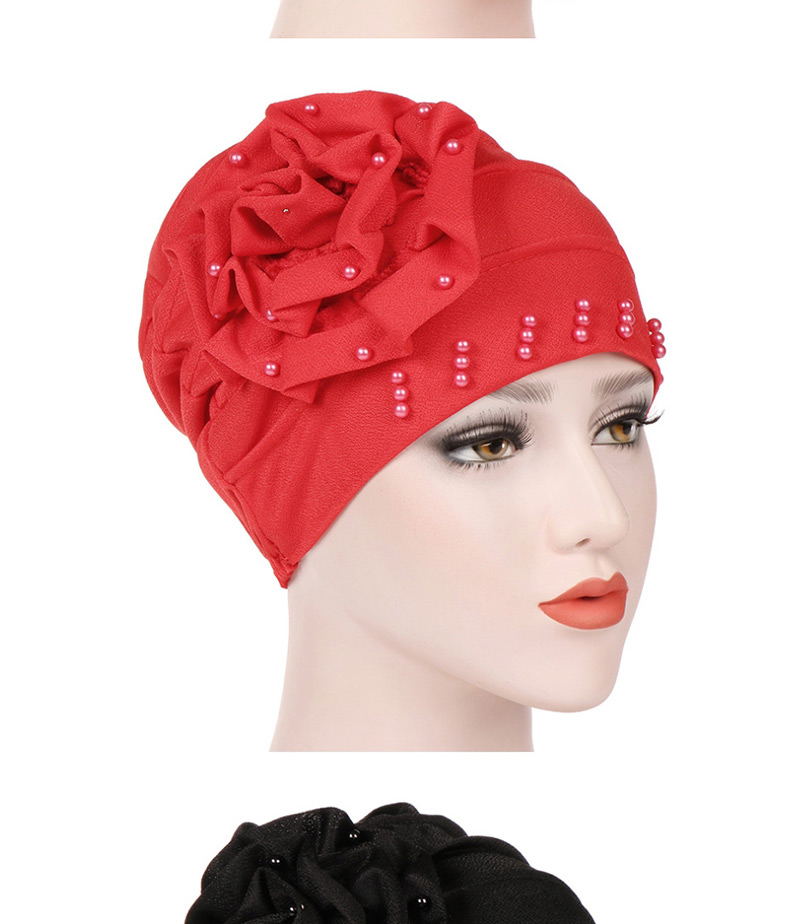 Fashion Rose Red Side Flower Flower Beaded Large Flower Headscarf Cap,Beanies&Others