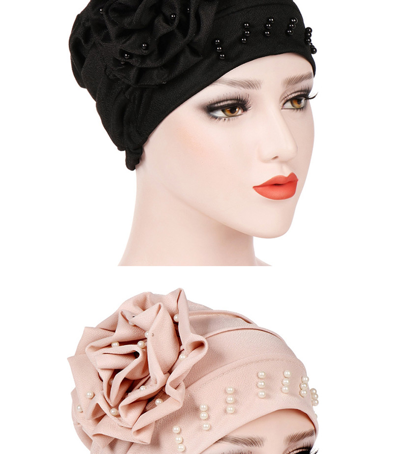Fashion Wine Red Side Flower Flower Beaded Large Flower Headscarf Cap,Beanies&Others