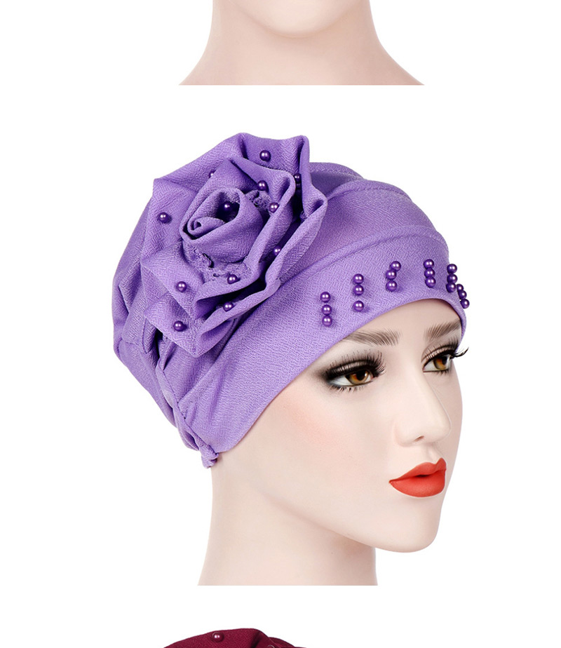 Fashion Light Purple Side Flower Flower Beaded Large Flower Headscarf Cap,Beanies&Others