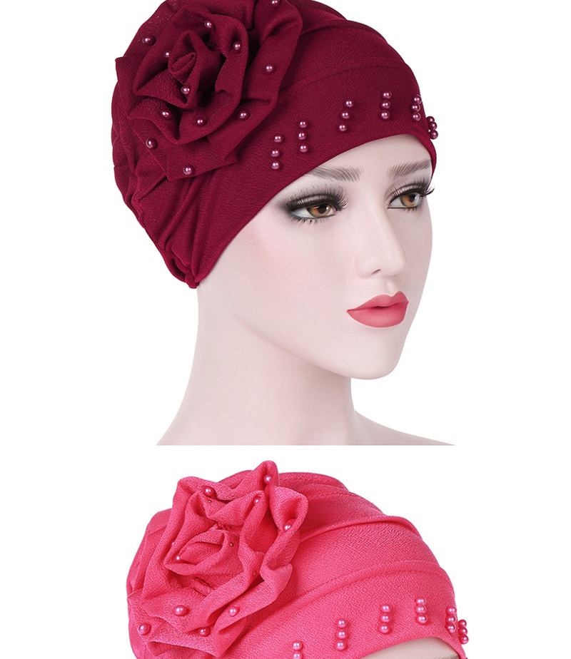 Fashion Khaki Side Flower Flower Beaded Large Flower Headscarf Cap,Beanies&Others