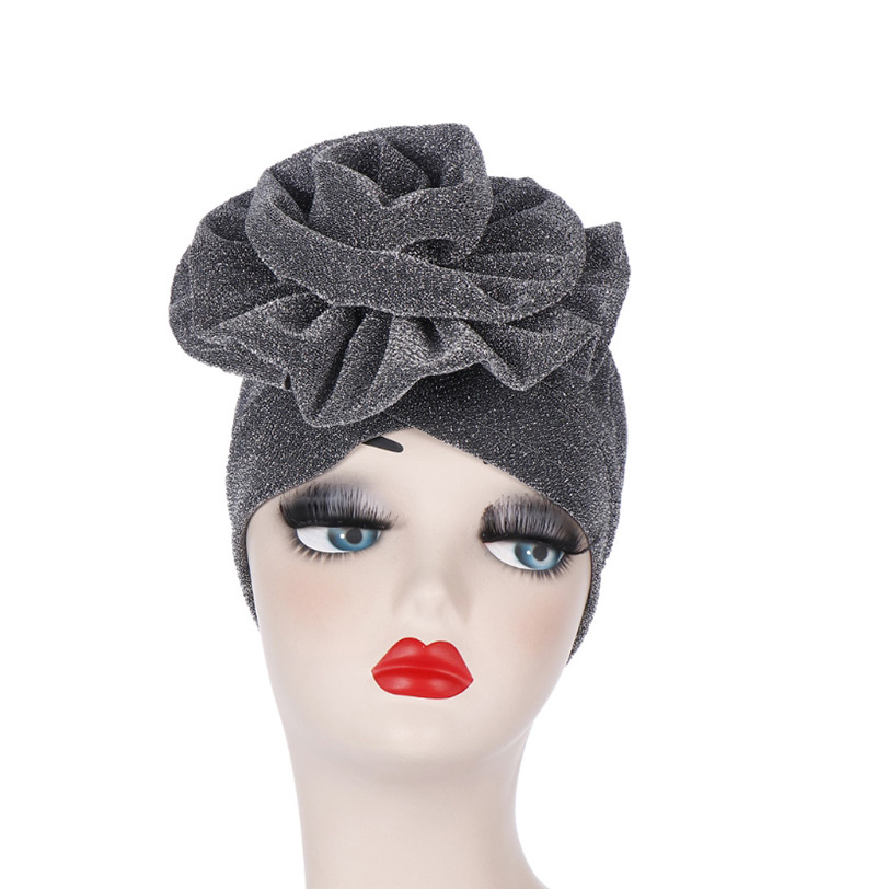 Fashion Silver Grey Bright Silk Cloth Large Flower Baotou Cap,Beanies&Others
