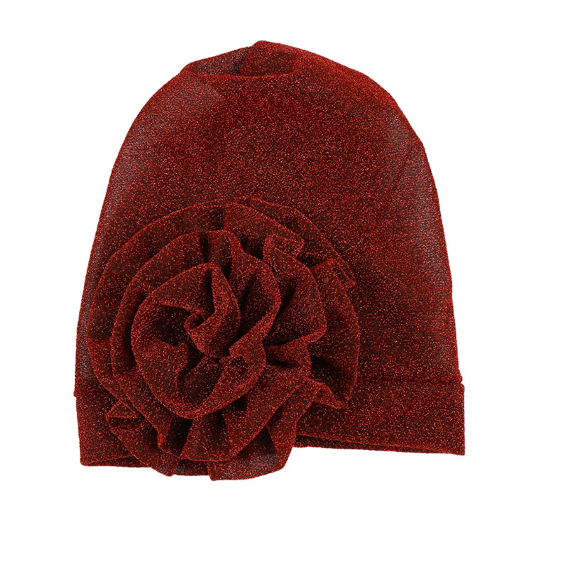 Fashion Red Wine Bright Silk Cloth Large Flower Baotou Cap,Beanies&Others
