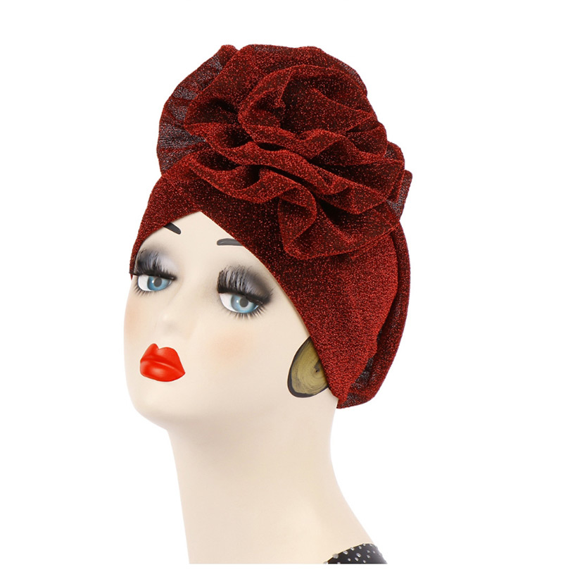 Fashion Red Wine Bright Silk Cloth Large Flower Baotou Cap,Beanies&Others
