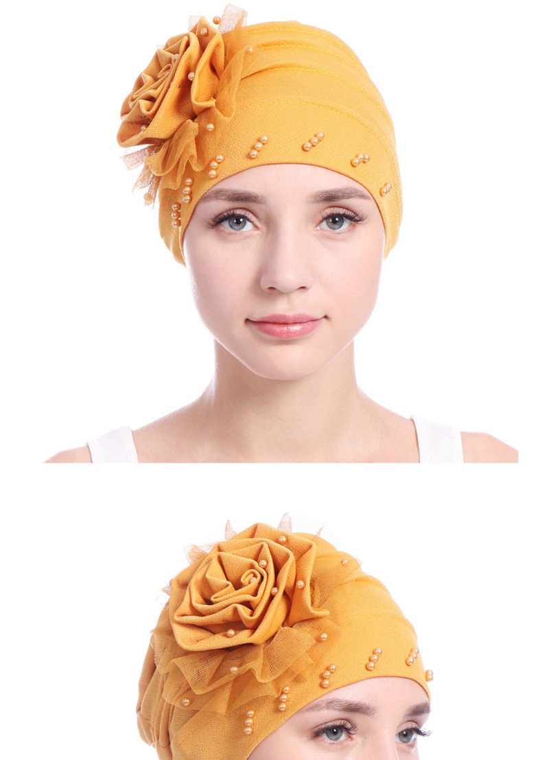 Fashion Turmeric Side Flower Mesh Gauze Lace Edging Beaded Head Cap Pure,Beanies&Others