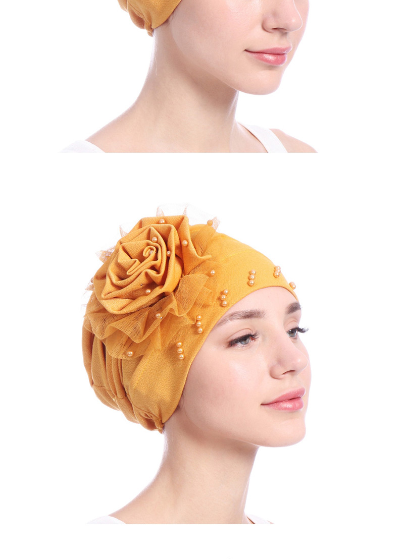 Fashion Turmeric Side Flower Mesh Gauze Lace Edging Beaded Head Cap Pure,Beanies&Others