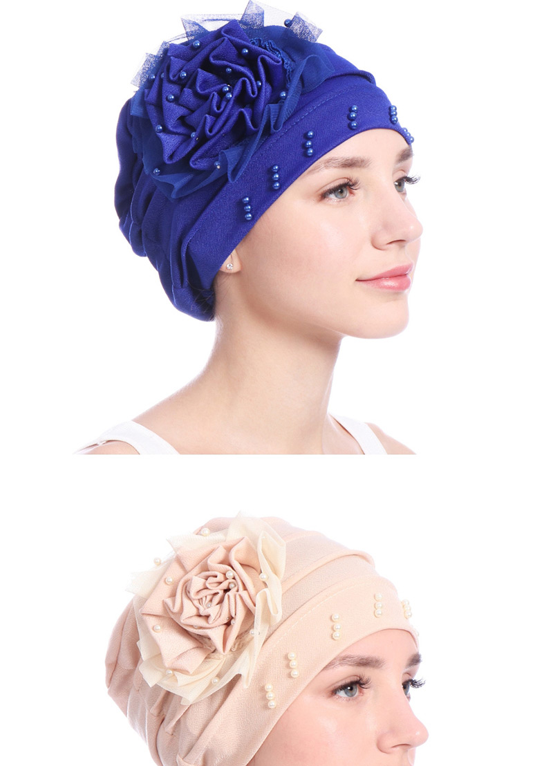 Fashion Navy Side Flower Mesh Gauze Lace Edging Beaded Head Cap Pure,Beanies&Others