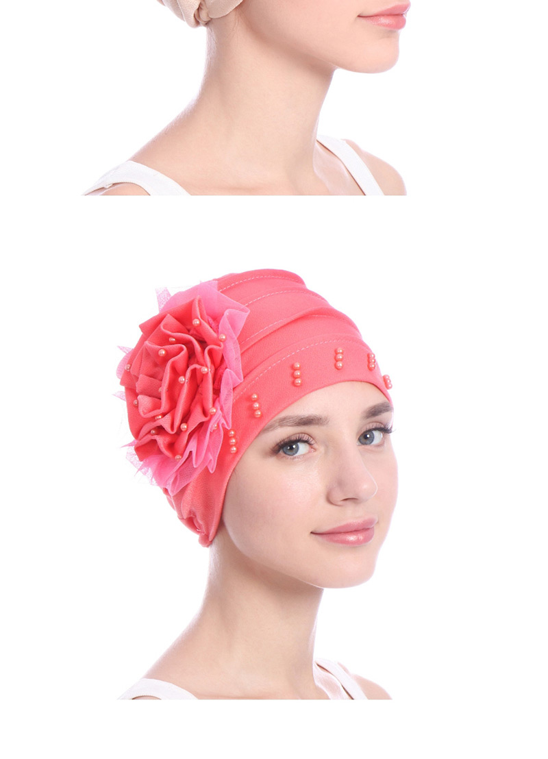 Fashion Watermelon Red Side Flower Mesh Gauze Lace Edging Beaded Head Cap Pure,Beanies&Others