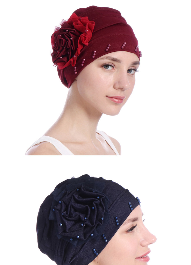 Fashion Navy Side Flower Mesh Gauze Lace Edging Beaded Head Cap Pure,Beanies&Others