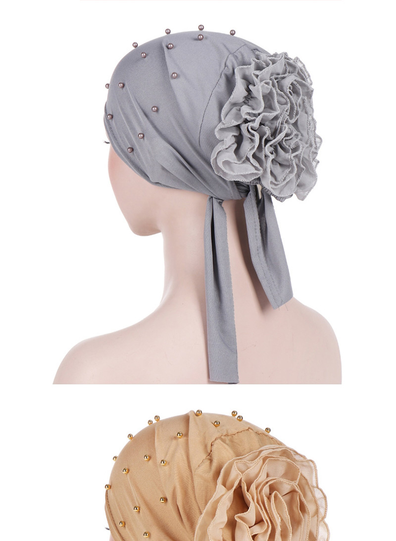 Fashion Korean Powder Panhua Beaded Large Flower Headscarf Cap,Beanies&Others