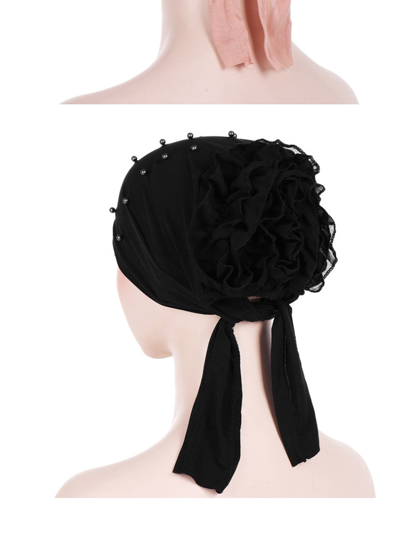 Fashion Black Panhua Beaded Large Flower Headscarf Cap,Beanies&Others