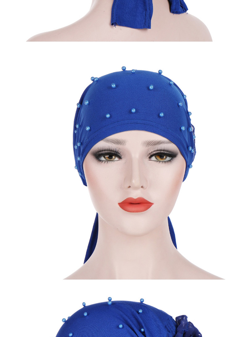 Fashion Navy Panhua Beaded Large Flower Headscarf Cap,Beanies&Others