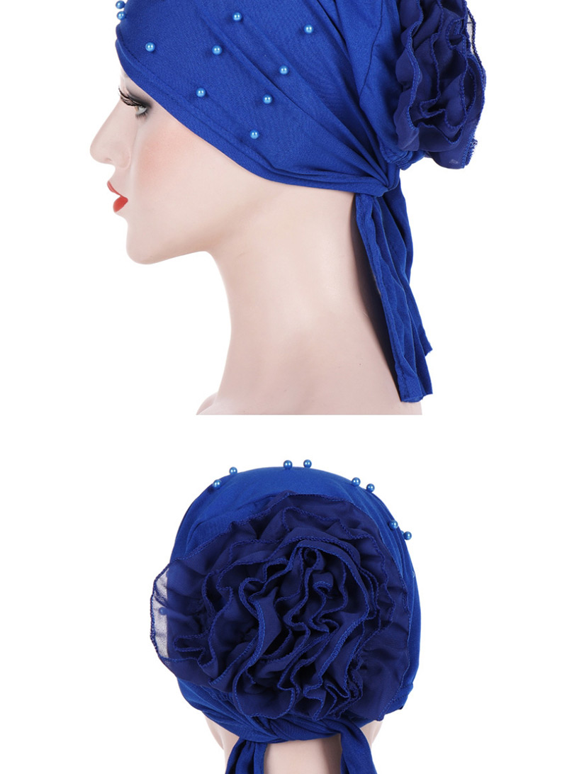 Fashion Navy Panhua Beaded Large Flower Headscarf Cap,Beanies&Others