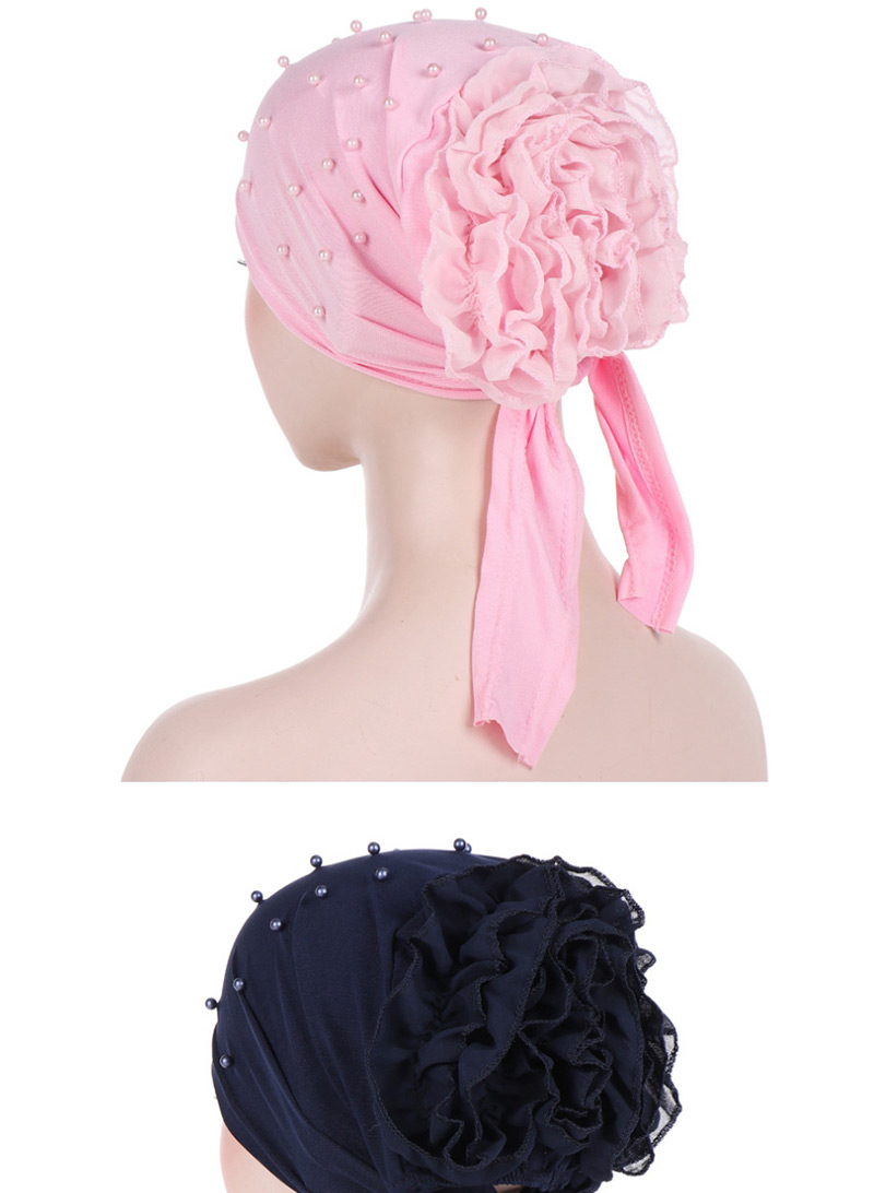 Fashion Black Panhua Beaded Large Flower Headscarf Cap,Beanies&Others