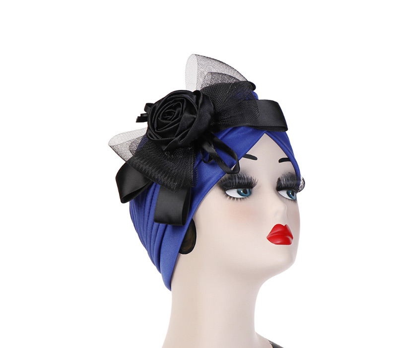 Fashion Royal Blue Flower Mesh Bow Bow Scarf Cap,Beanies&Others